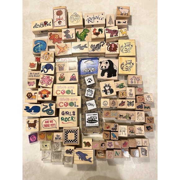 99+ Mixed Lot Wooden Block Ink Stamps Cats Christmas Fish Animals Arts Crafts - Picture 1 of 13